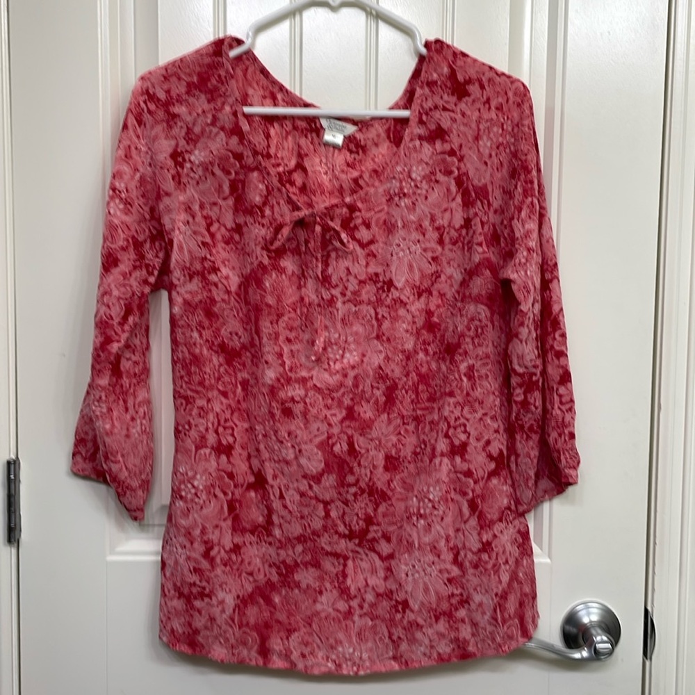 Christopher & Banks Women's Medium Pink/Red Floral Blouse 3/4 Sleeves